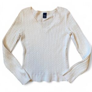 🤍 MADE IN THE UK HIGH SIERRA CABLE KNIT V NECK PREPPY CREAM SWEATER PULLOVER
